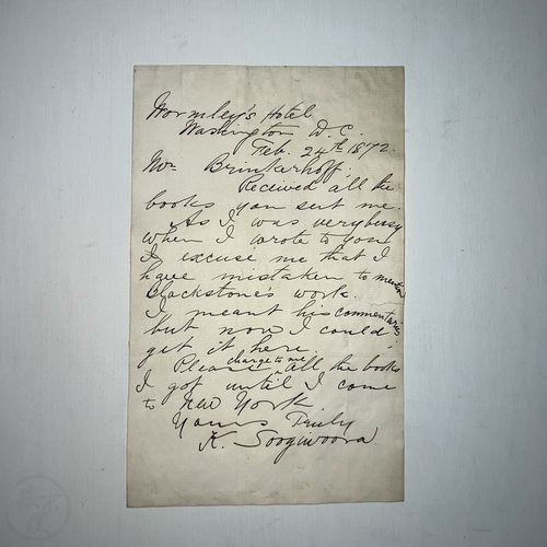 Letter from Yoshinari Hatakeyama to Brinkerhoff Written at Wormley's Hotel in Washington DC