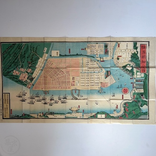 Superb woodblock printed map of Yokohama by Utagawa Yoshikazu