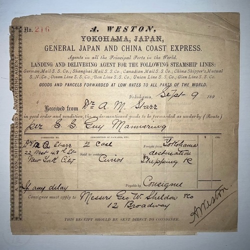 Shipping Receipt from Yokohama to New York City for 2 cases of curios bought by Dr. Moses Allen Starr