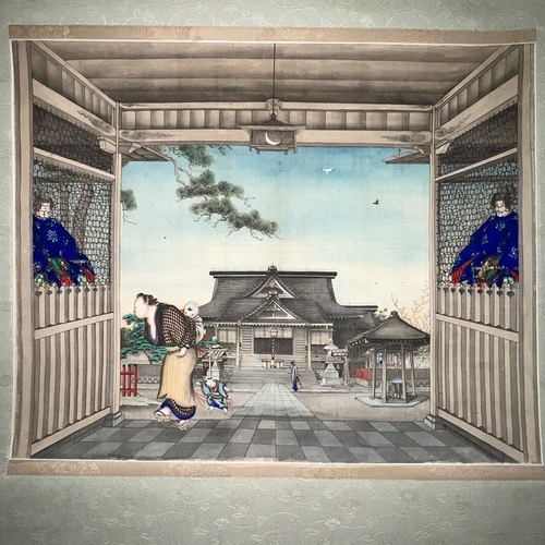 Stunning Painting of Shrine Entrance and Grounds  Probably Hokusai school