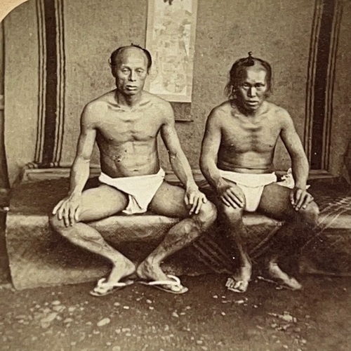 ステレオ写真　刺青された日本人労働者　ピエール・ロシエ撮 日本で撮影された最も初期の写真の1枚
