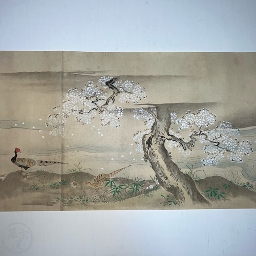 Wonderful, illustrated scroll by Kano Naganobu Birds and trees in the four seasons