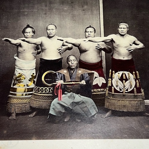 Large Format Photo of Sumo Wreslers and Gyoji by Raimund von Stillfried