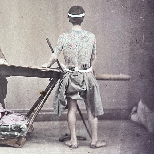 Large Format Photo of Tattooed Man and Palanquin Large format albumen photo