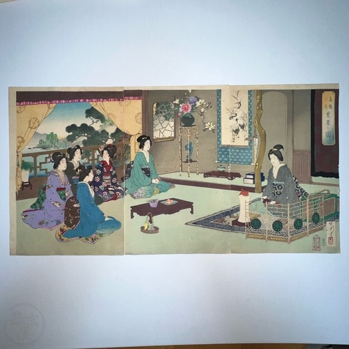 Woodblock Printed Triptych of Tea Ceremony wonderful work by Mizuno Toshikata