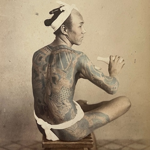 Large Format Photo of Tattooed Man Hand-coloured albumen print