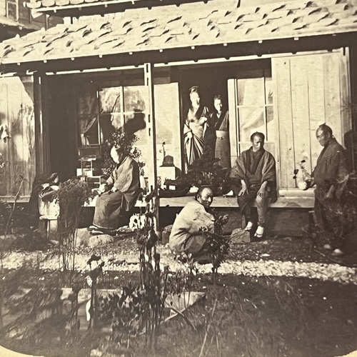 Stereoview Photo of a Japanese Group and House taken by Pierre Rossier