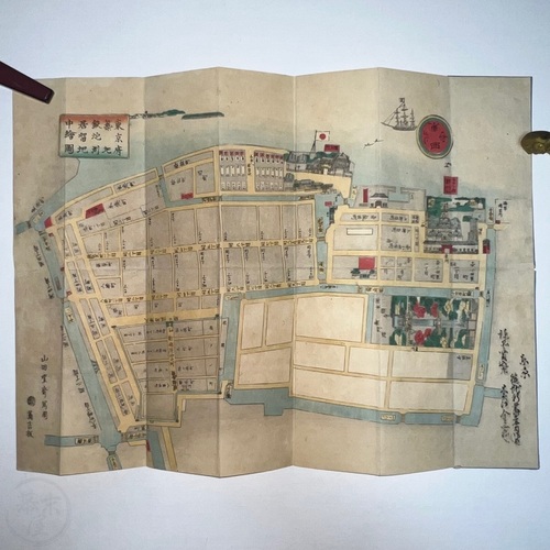 Woodblock printed Map of Tsukiji, Teppozu and the Foreign Quarter Very scarce map with original sleeve