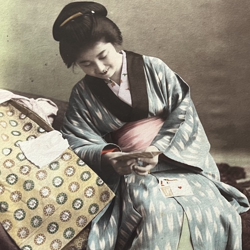 Large Format Photo of Japanese Lady with Playing Cards Hand-coloured albumen print