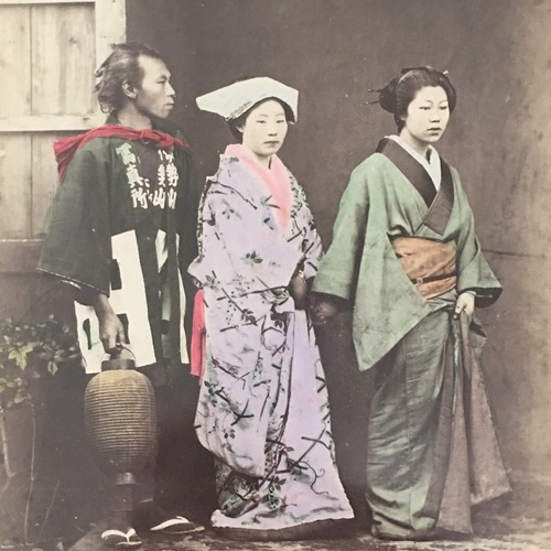 Large Format Photo of Man in Iseyama Photo Studio Happi Coat with Two Ladies Large format albumen of unknown studio