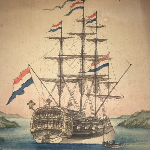 Dutch Ship on Hand-painted Card by Keisui?