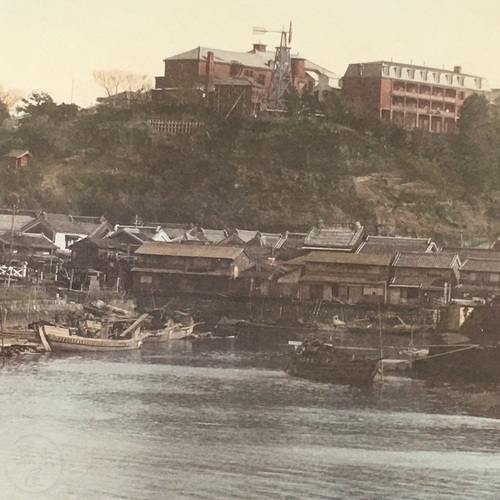 Large format photo of The Bluff from Canal (Yokohama) by Kimbei Hand-coloured albumen photo