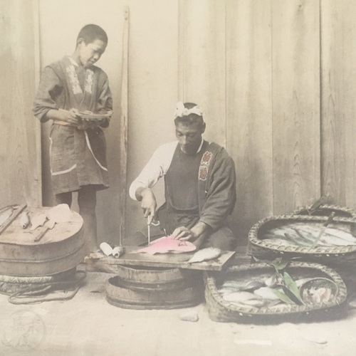 Large format photo of a Fish Seller Hand-coloured albumen photo