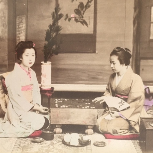 Large format photo of Two Ladies Playing Igo Hand-coloured albumen photo