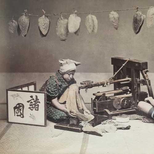 Large format photo of Two Workers Drying & Cutting Tobacco Hand-coloured albumen photo