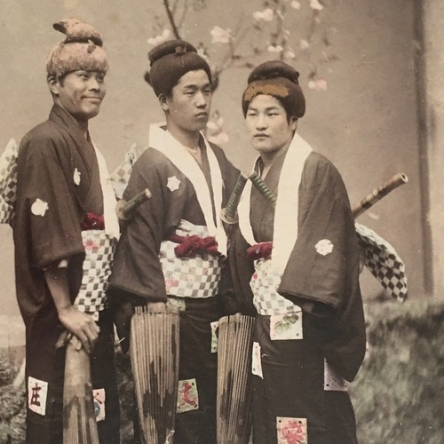 Large format photo of Five Men Dressed up in Funny Costumes Hand-coloured albumen photo