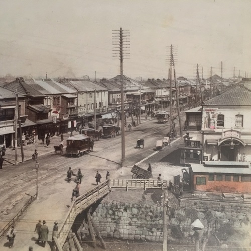 Large format photo of Shinbashi Bridge & Ginza Hand-coloured albumen photo