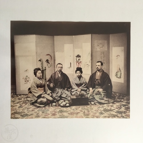 Large format photo of Two Identified French Men with Two Japanese Ladies Superb, hand-coloured albumen photo