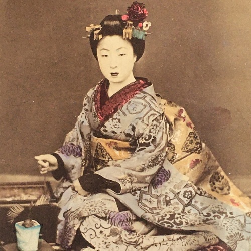 Medium format photo of Lady in Stunning Kimono Hand-coloured albumen photo