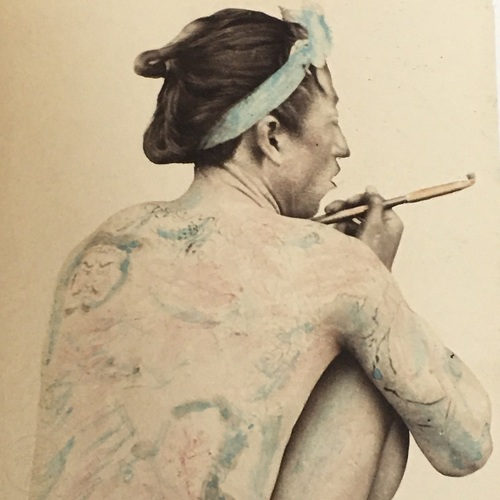 Medium format photo of Tattooed Man Hand-coloured albumen photo