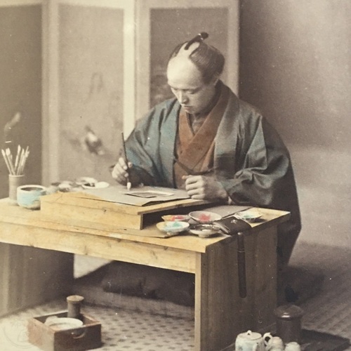 Medium format photo of An Artist Painting a Photo or Card Hand-coloured albumen photo