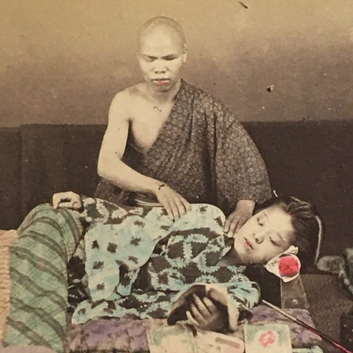 Medium format photo of A Blind Masseur and Client  Hand-coloured albumen photo