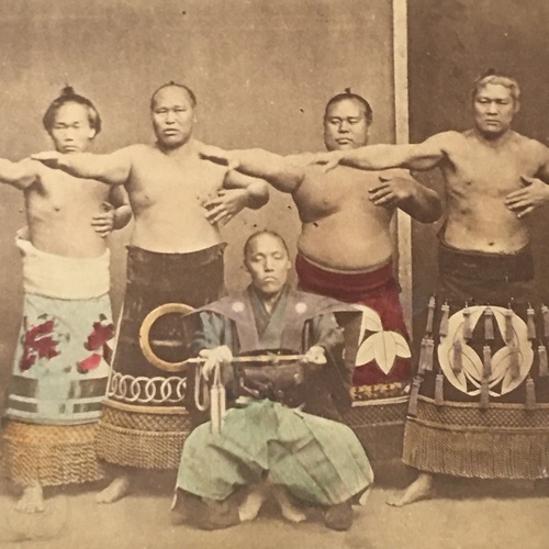 Medium format photo of Four Sumo Wresters and Referee Very scarce, early photo