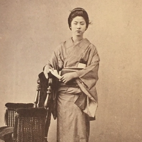 CDV of Japanese Lady in Kimono Standing at Chair taken by Ueno Hikoma in Nagasaki