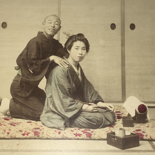 Large format photo of a Blind Masseur and Client Hand-coloured albumen photo