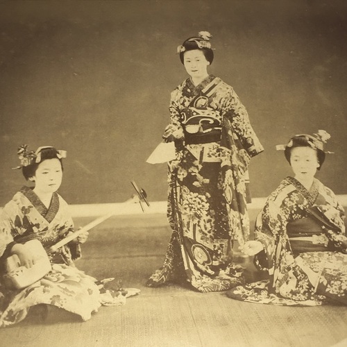 Large format photo of Three Geisha Uncoloured albumen photo