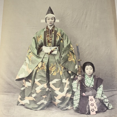 Large format photo of Kabuki Actors in Costume Hand-coloured albumen photo