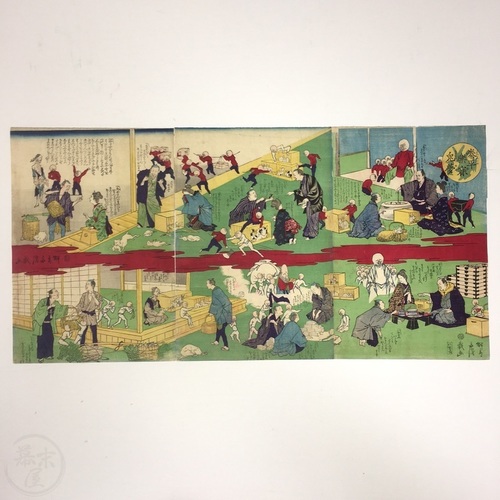 The Rabbits' Dream of Peaceful Rest Woodblock printed triptych by Kobayashi Eitaku